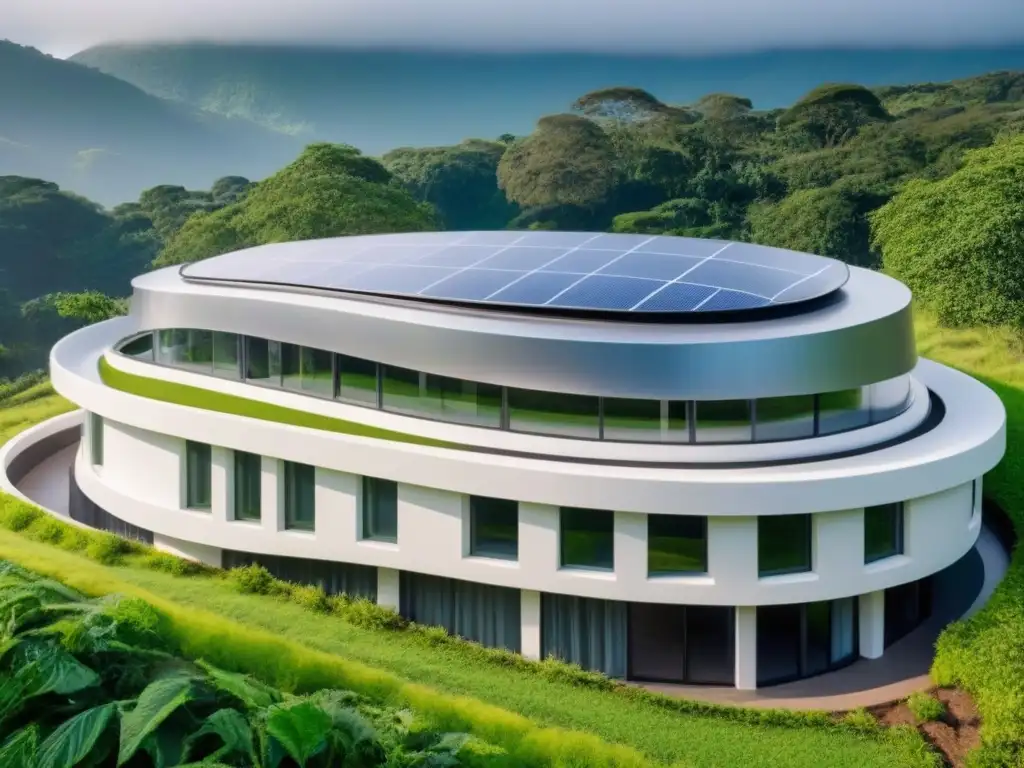 Edificio ecológico futurista: innovación y sostenibilidad Un edificio futurista y ecológico con innovadoras técnicas de construcción, rodeado de vegetación