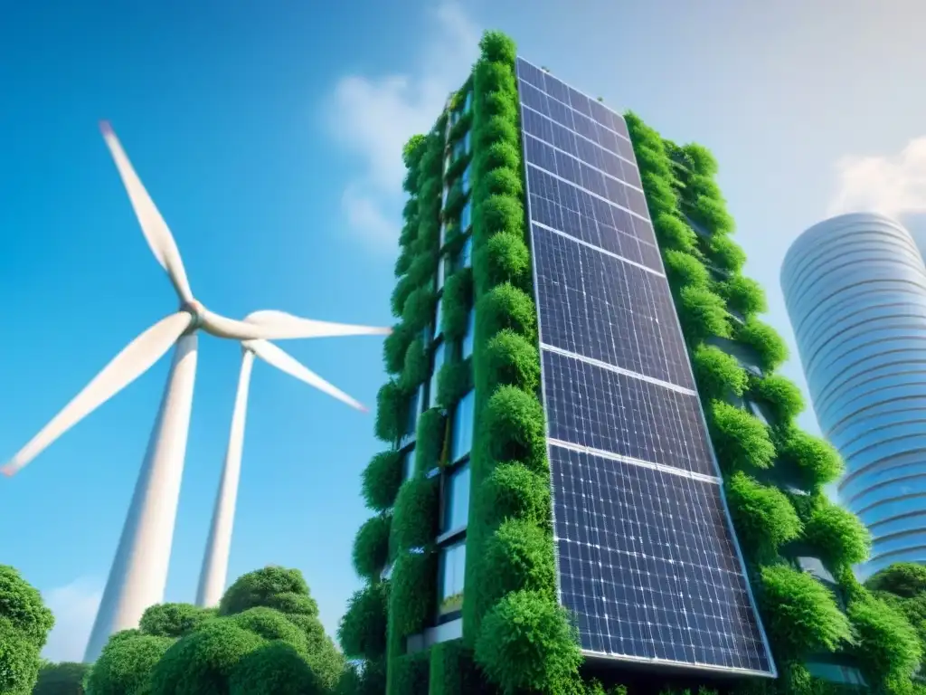 Rascacielos ecológico futurista en armonía con la naturaleza Edificio futurista ecológico con paneles solares y turbinas eólicas, integrados en diseño