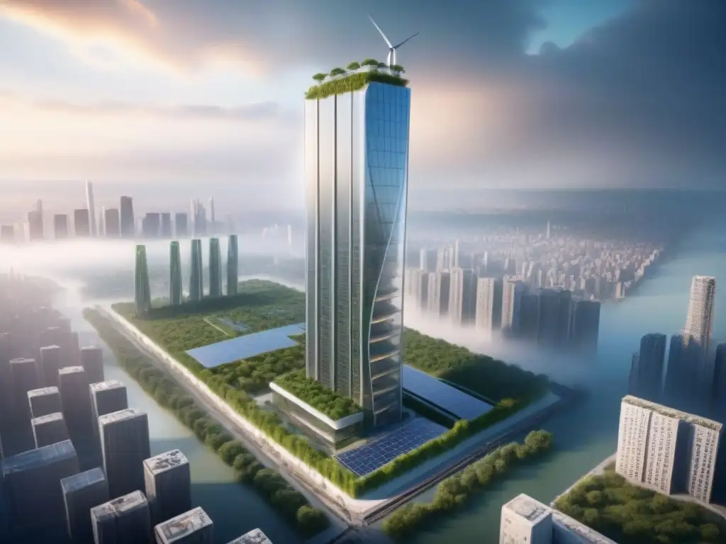 Rascacielos ecofuturista emergiendo de la ciudad postapocalíptica Edificio futurista y ecológico surge entre ruinas, con adaptaciones para propiedades post-desastres