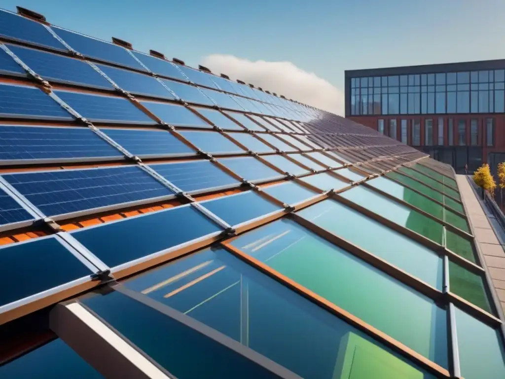 Edificio futurista ecoeficiente con paneles solares y techos verdes Edificio futurista eficiente en energía con materiales de construcción de vanguardia, como paneles solares y ventanas de triple vidrio