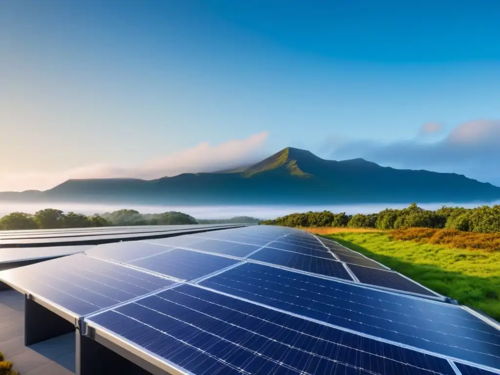 Edificio futurista y sostenible en 8K Un edificio futurista de diseño energéticamente eficiente con paneles solares y techos verdes, destacando en el cielo azul