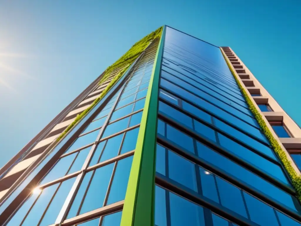 Edificio del futuro: energía verde y tecnología innovadora Un edificio futurista y energéticamente eficiente con tecnologías verdes integradas, simbolizando la eficiencia energética en edificios globales