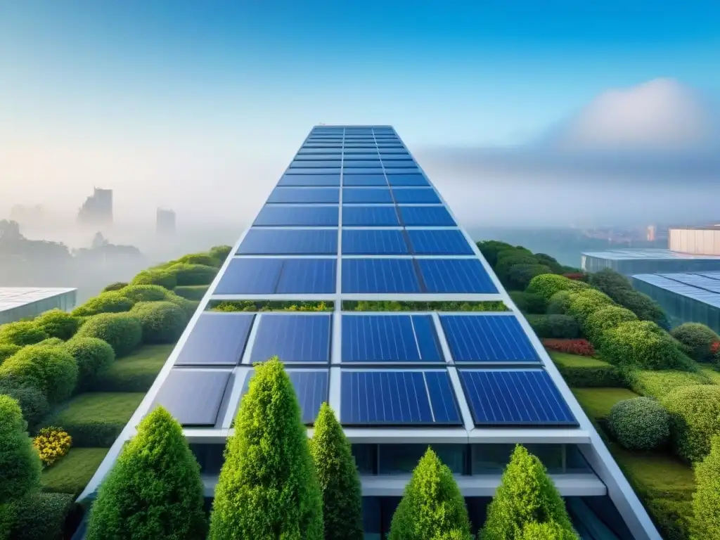Rascacielos futurista: innovación y sostenibilidad para Gen Z Edificio futurista con fachada de vidrio reflectante rodeado de naturaleza, paneles solares y jardines en el techo