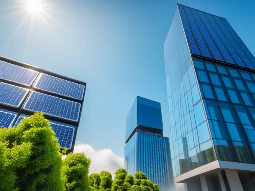 Complejo futurista con paneles solares y jardines en azotea Edificio futurista con fachadas de cristal, rodeado de vegetación y cielo azul