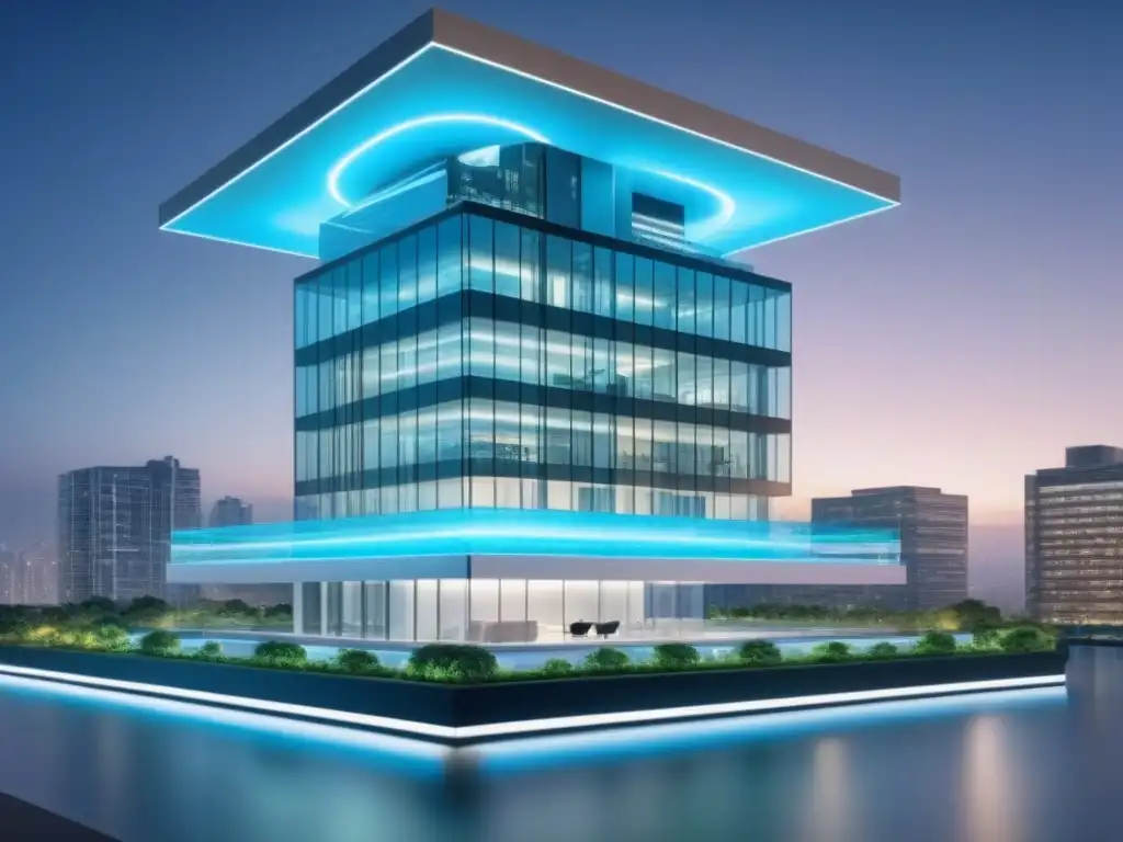 Edificio futurista con IA en gestión inmobiliaria Edificio futurista con holograma de asistente virtual interactuando, mostrando tecnología AI en Gestión Inmobiliaria
