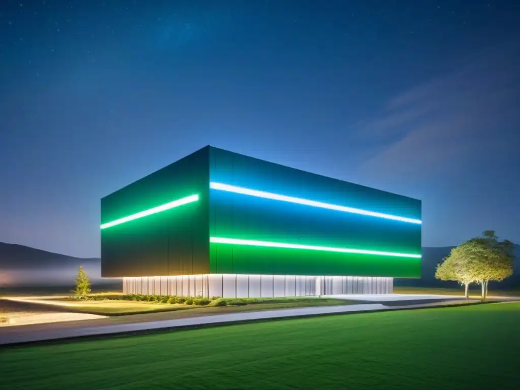 Edificio futurista iluminado con LED en la noche estrellada Edificio futurista iluminado con luces LED, en un cielo estrellado