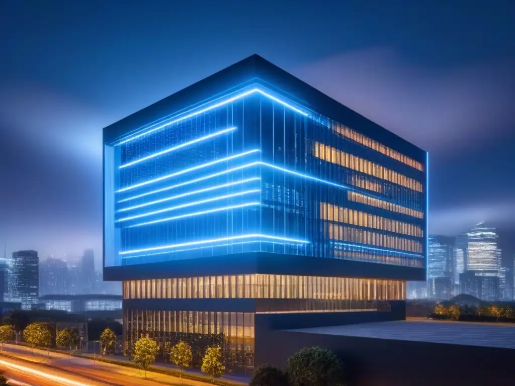 Edificio futurista ciberseguro: Integración tecnológica en bienes raíces Edificio futurista iluminado por redes digitales, fusionando arquitectura moderna y seguridad cibernética en el sector inmobiliario