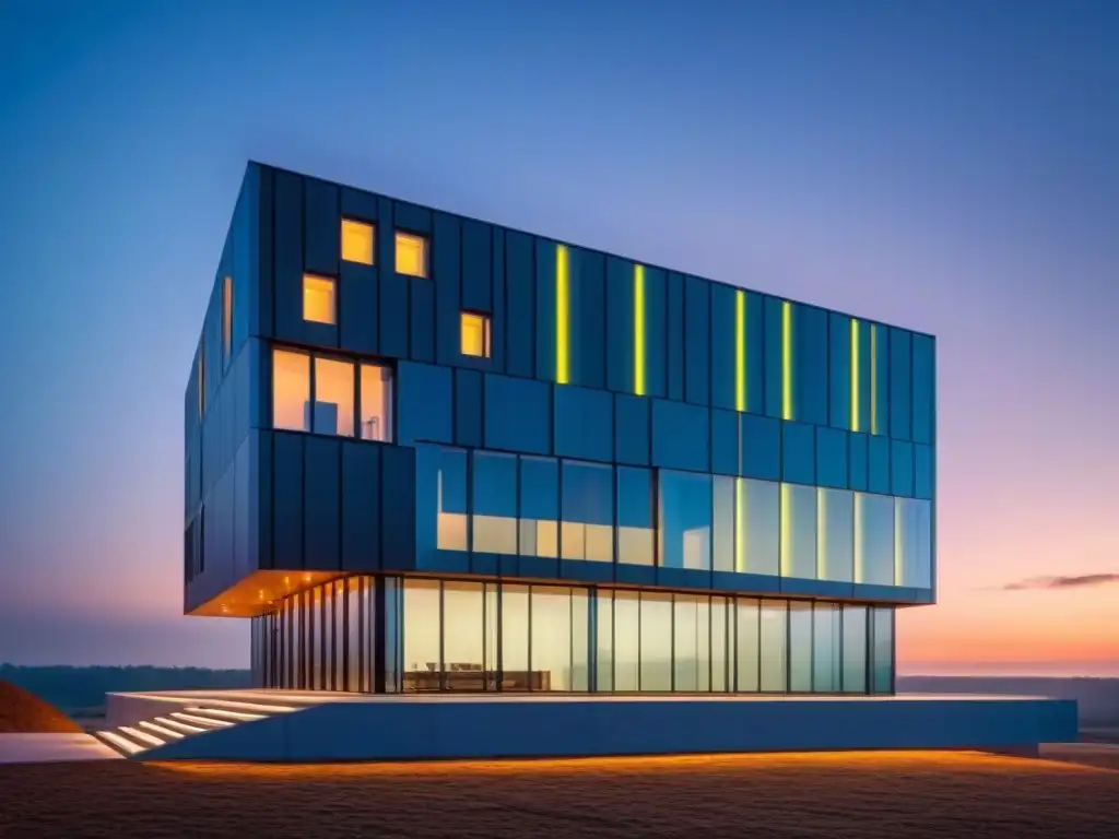 Edificio futurista iluminado con tecnología LED de vanguardia Edificio futurista iluminado con tecnología LED, destacando la importancia de la iluminación LED en la construcción sostenible futura