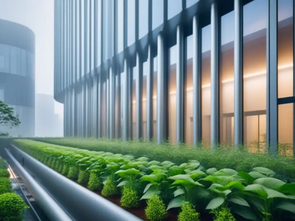 Edificio futurista con sistema de reciclaje de agua integrado Edificio futurista con innovaciones en reutilización de agua, arquitectura vanguardista y tecnología eco-friendly