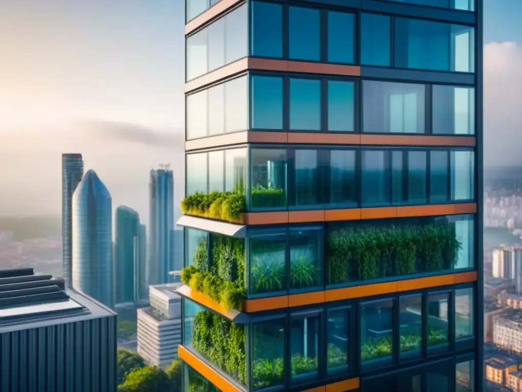 Edificio hightech: diseño futurista 8k con tecnología y sostenibilidad Edificio futurista de inversión inmobiliaria internacional segura con diseño vanguardista y tecnología verde en entorno urbano moderno