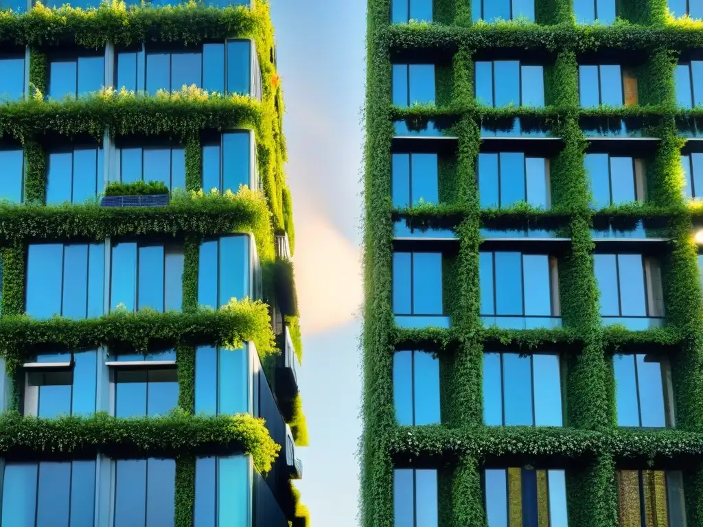 Edificio verde futurista con jardines verticales y paneles solares al atardecer Edificio futurista con jardines verticales y paneles solares, destacando la importancia tecnología verde en M&A inmobiliario
