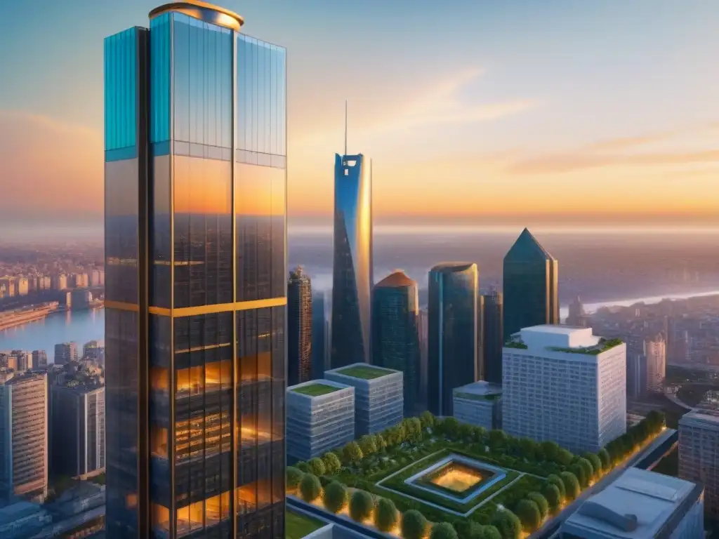 Rascacielos futurista en realidad virtual: diseño vanguardista al atardecer Edificio futurista de lujo con tecnología vanguardia, interactuando con realidad aumentada al atardecer