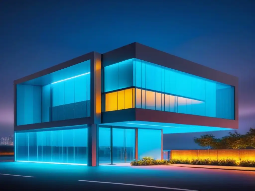 Edificio futurista con ciberseguridad avanzada Edificio futurista de oficinas de noche con luces de neón y cerradura digital, ciberseguridad para inversionistas inmobiliarios