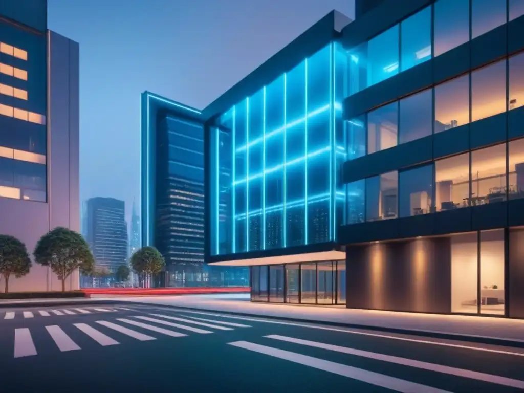 Edificio futurista nocturno con interfaz de seguridad digital iluminada Edificio futurista de oficinas de noche con luces de neón y cerradura digital
