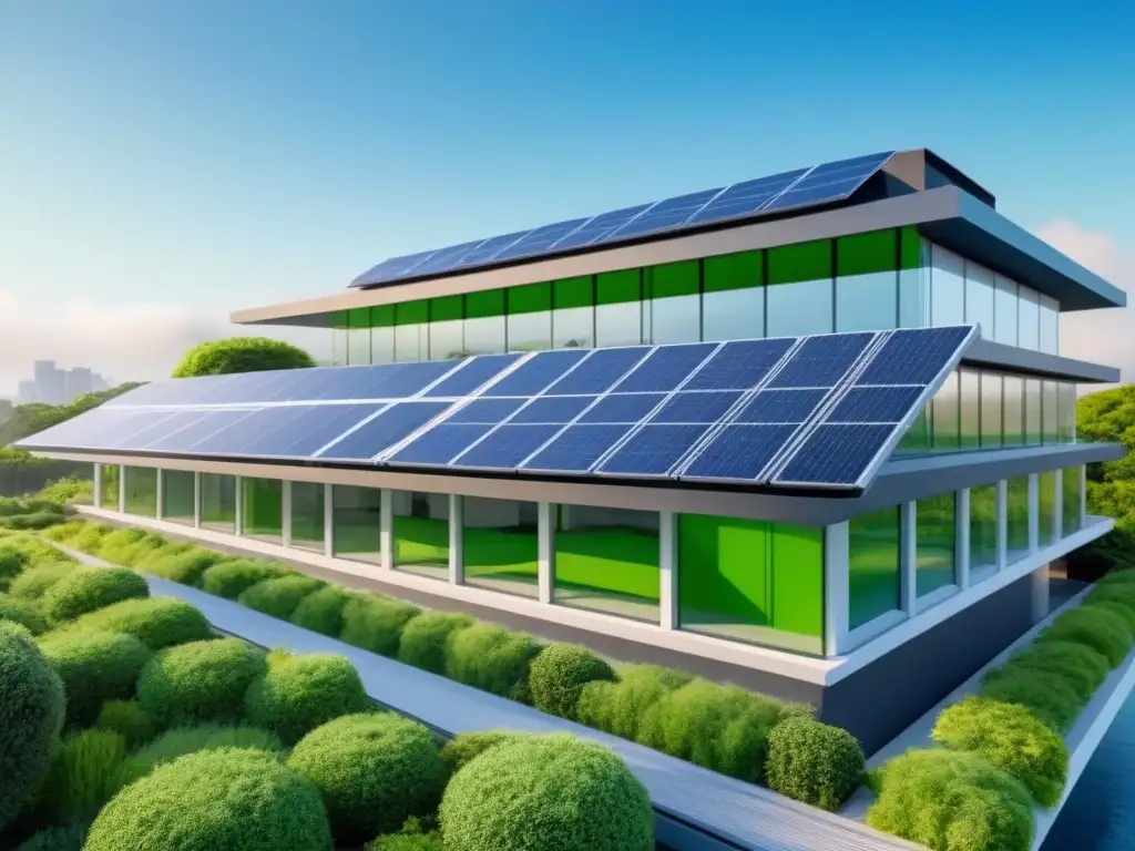 Edificio verde futurista: innovación sostenible en 8k Un edificio futurista con paneles solares rodeado de naturaleza exuberante bajo un cielo azul