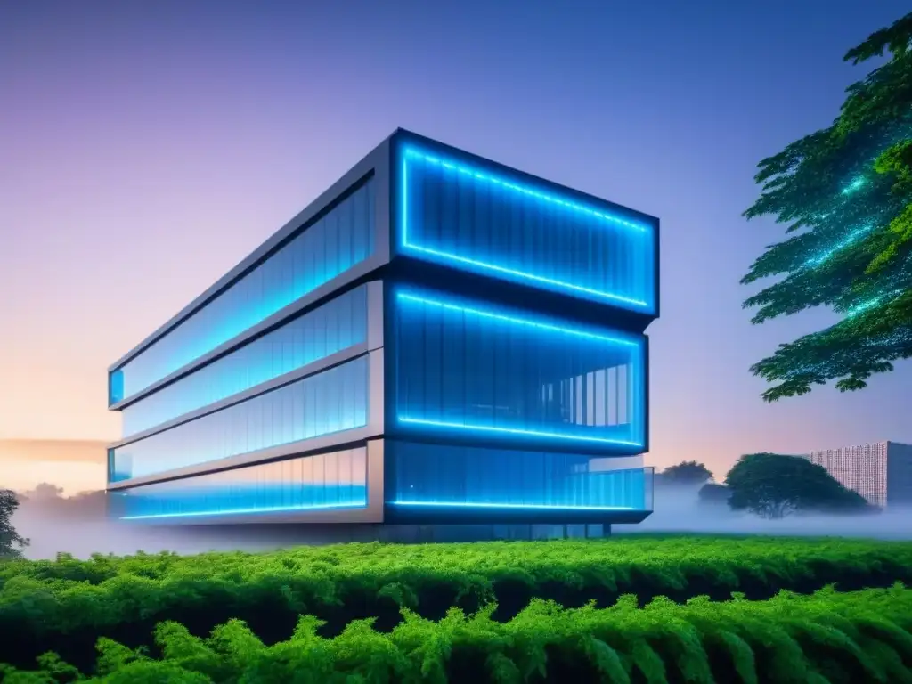 Edificio futurista con ventilación integrada y naturaleza Un edificio futurista con paredes transparentes revela sistemas de ventilación integrados en su arquitectura