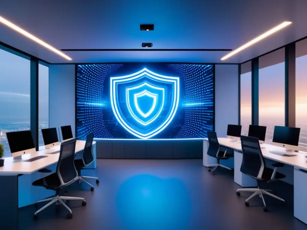 Edificio futurista protegido por campo digital de ciberseguridad Edificio futurista rodeado de campo de fuerza digital, resaltando la importancia ciberseguridad agentes inmobiliarios