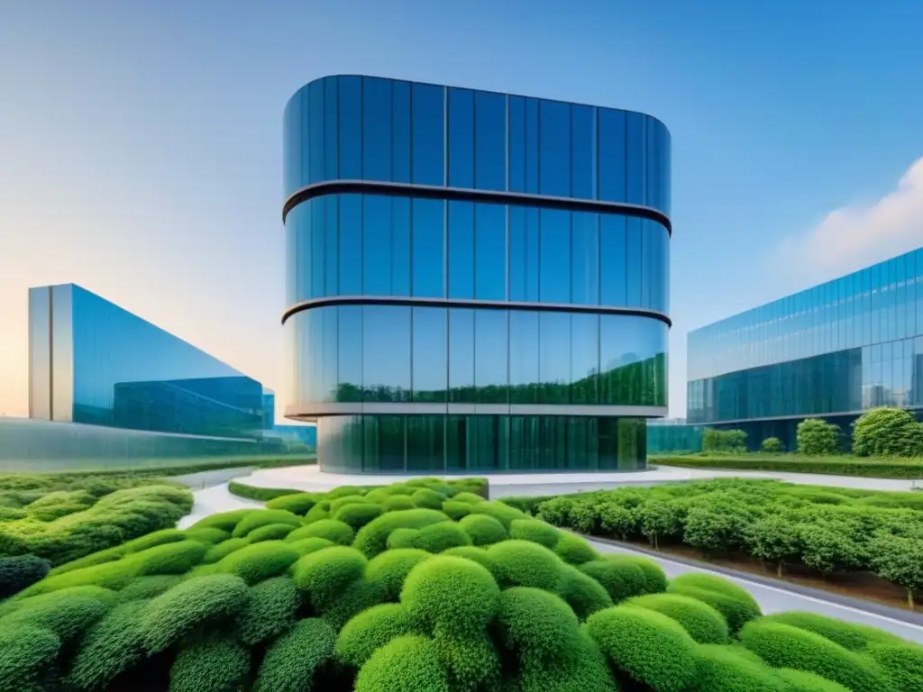 Innovación inmobiliaria: Edificio futurista en entorno verde Un edificio futurista rodeado de vegetación, simbolizando innovación en inversiones inmobiliarias internacionales postCOVID