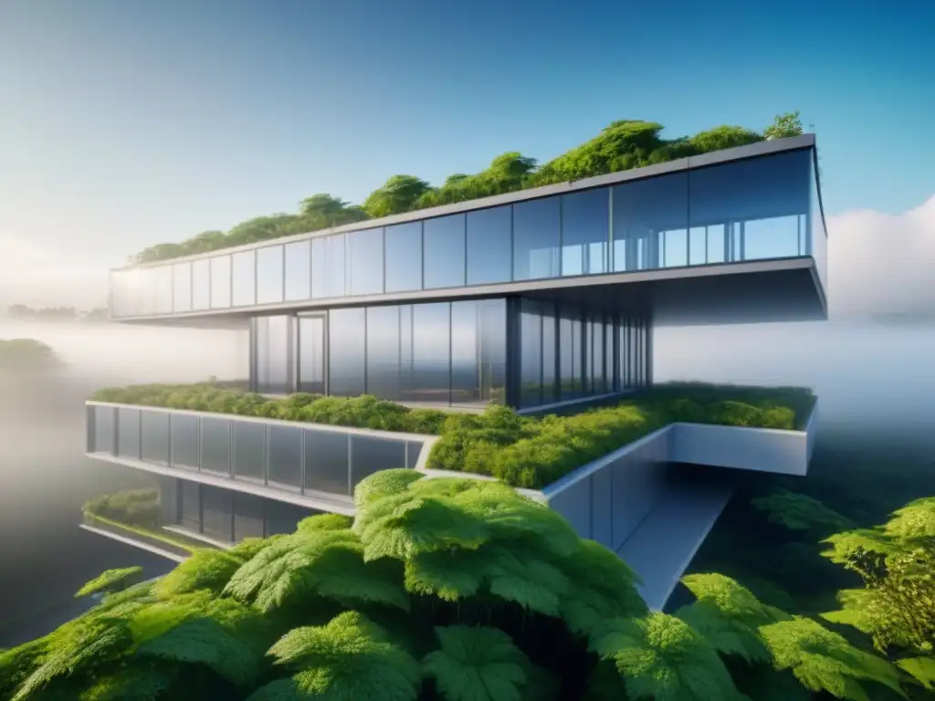 Edificio futurista y resiliente en armonía con la naturaleza Edificio futurista rodeado de naturaleza, con diseño innovador y elementos sostenibles