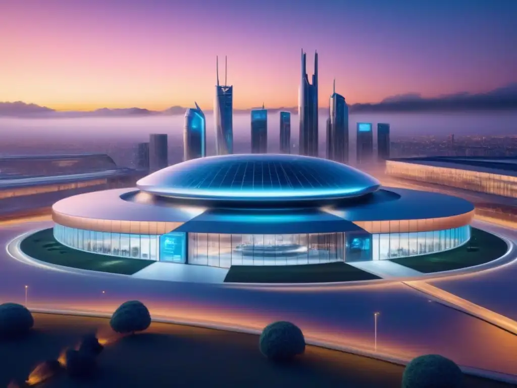 Complejo futurista con seguridad 5G y drones Un edificio futurista con seguridad inmobiliaria tecnología 5G, drones y escáneres biométricos al atardecer