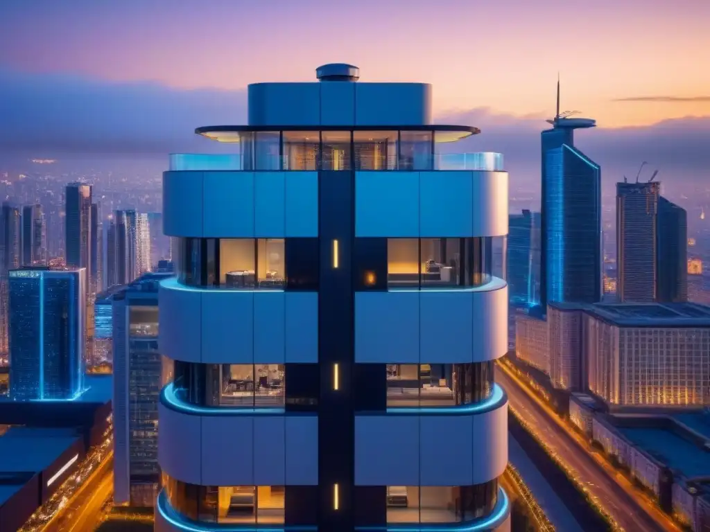 Un edificio futurista con seguridad autónoma para propiedades internacionales en una ciudad nocturna