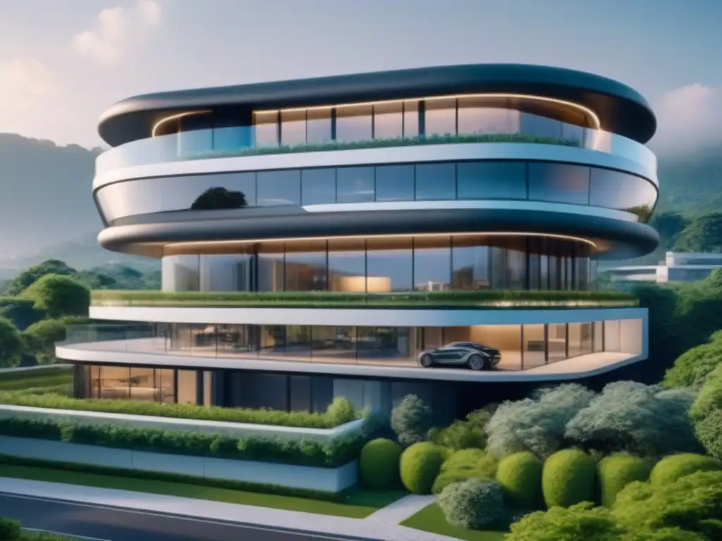 Edificio futurista con IA: seguridad avanzada y diseño vanguardista Edificio futurista con IA en seguridad de propiedades, cámaras de reconocimiento facial y drones vigilantes en entorno verde