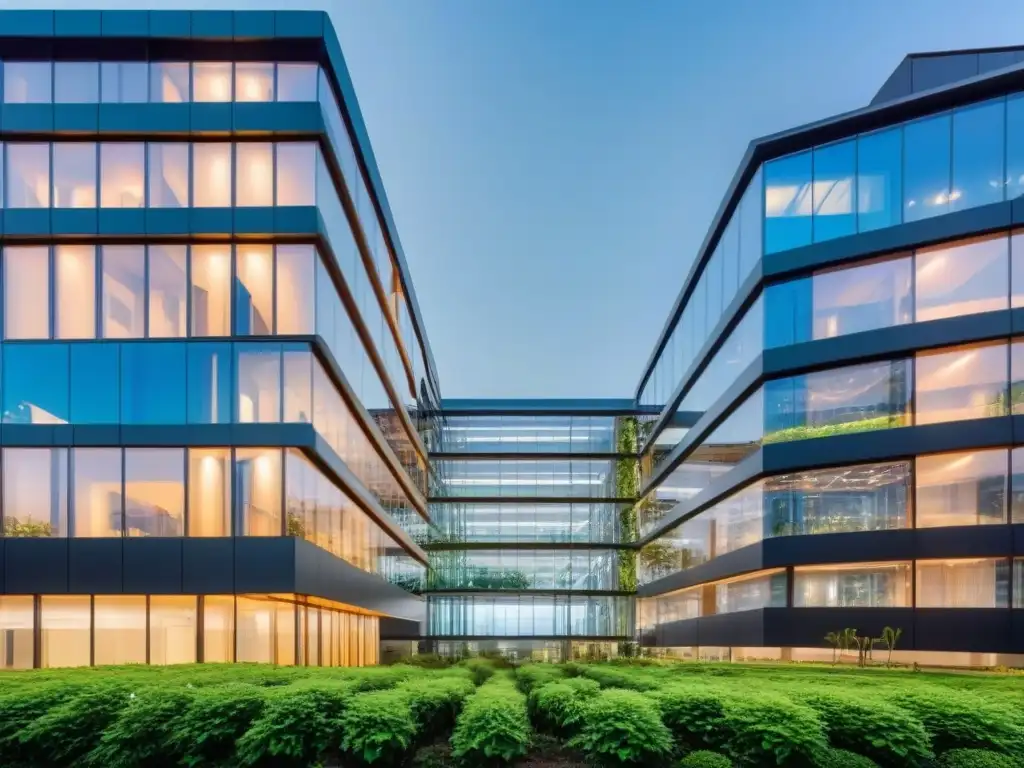 Edificio inteligente: gestión sostenible y tecnológica Edificio futurista con sistema de gestión inteligente y pantallas digitales transparentes mostrando datos en tiempo real sobre eficiencia energética