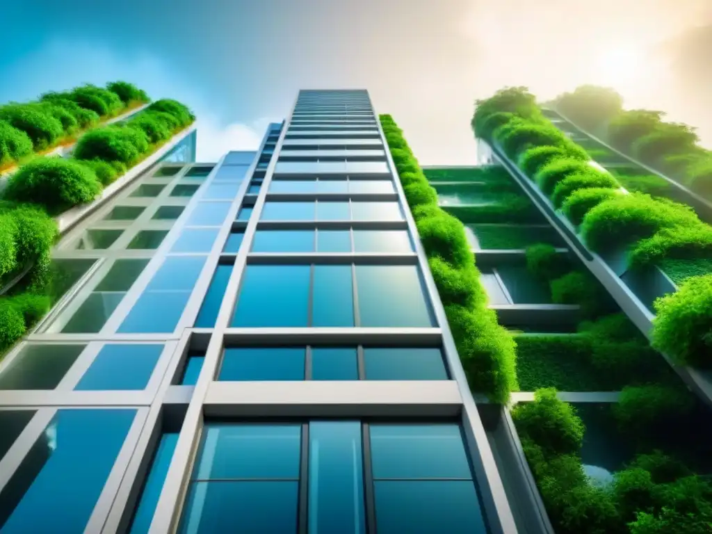 Rascacielos futurista con tecnología y naturaleza en armonía Edificio futurista con vegetación y sistemas avanzados de reutilización de agua, innovaciones sostenibles