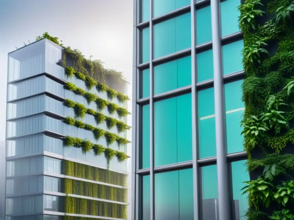 Edificio futurista con sistemas de ventilación integrados Edificio futurista con sistemas de ventilación integrados y pared verde, reflejando innovación en arquitectura