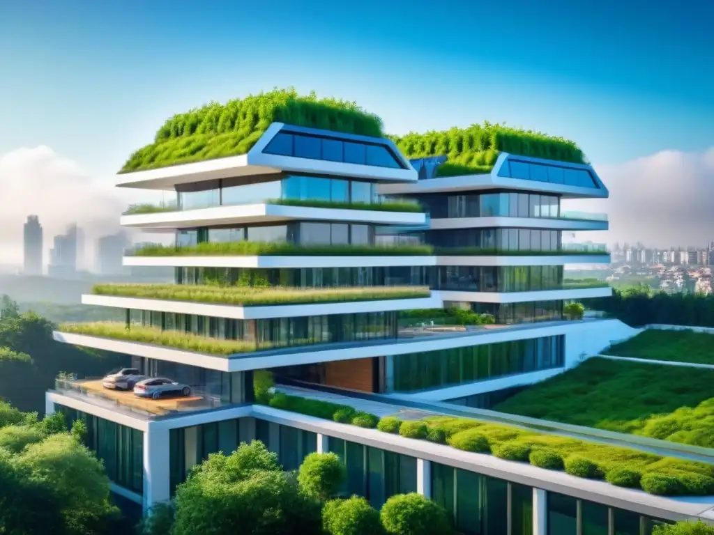 Edificio sostenible futurista con certificaciones LEED y BREEAM Un edificio futurista sostenible con certificaciones LEED y BREEAM, beneficios certificaciones LEED BREEAM, rodeado de naturaleza y modernidad