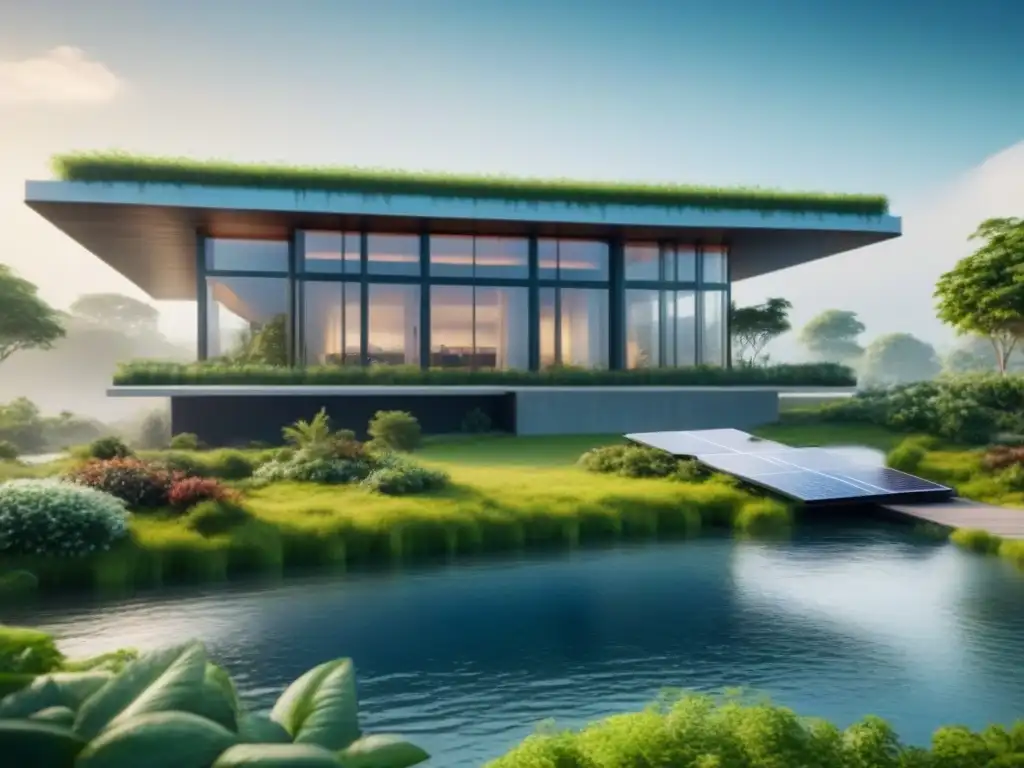 Edificio sostenible futurista con diseño geométrico y vegetación exuberante Edificio futurista sostenible con certificaciones LEED y BREEAM, diseño geométrico, vegetación integrada y tecnología eco