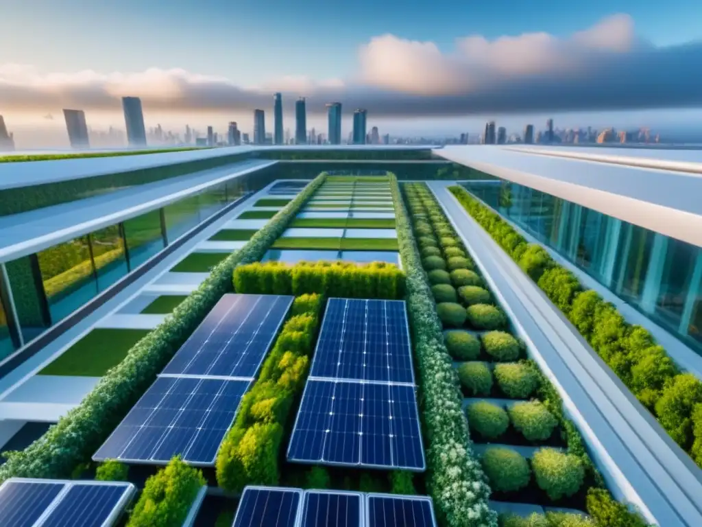 Edificio sostenible del futuro: IoT, paneles solares y tecnología verde Edificio futurista sostenible con IoT en ciudad vibrante