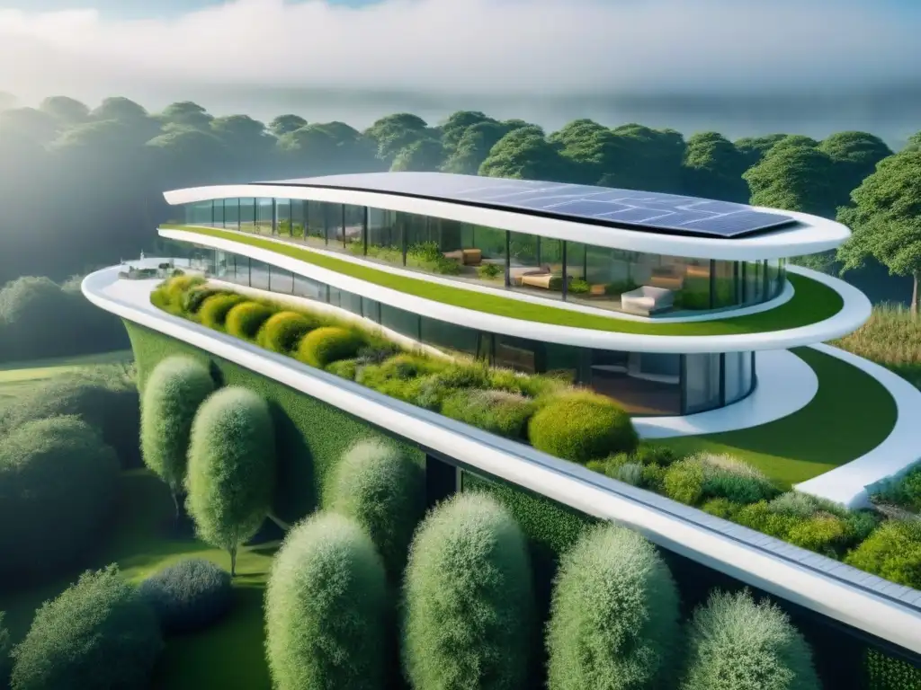 Edificio sostenible: fusión de tecnología y naturaleza Un edificio futurista sostenible con diseño vanguardista y elementos verdes, rodeado de vegetación innovadora