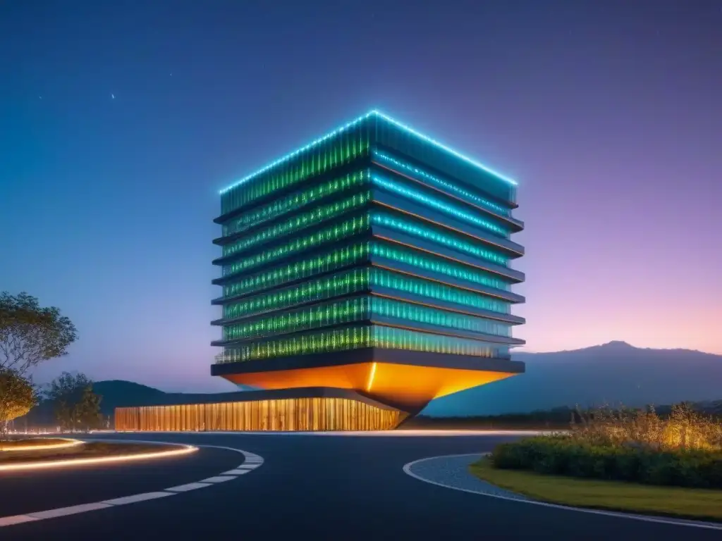 Edificio sostenible futurista iluminado con LED vibrantes Edificio futurista sostenible iluminado con LED, destacando diseño moderno y eficiencia energética