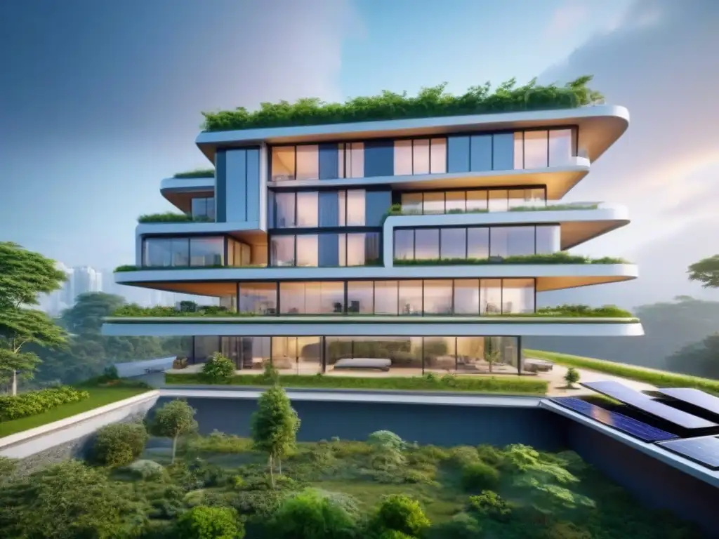 Edificio sostenible futurista: arquitectura moderna y verde en la ciudad Edificio futurista sostenible integrado con la naturaleza en mercado inmobiliario