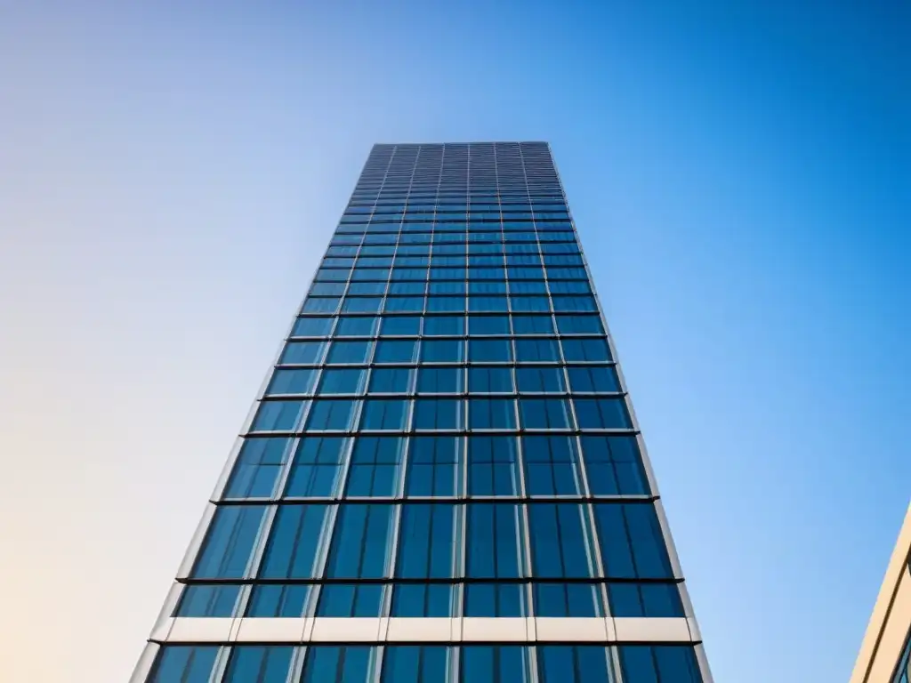 Rascacielos moderno y sostenible: innovación en la ciudad Edificio futurista sostenible con jardines en azotea y paneles solares, reflejando una ciudad vibrante