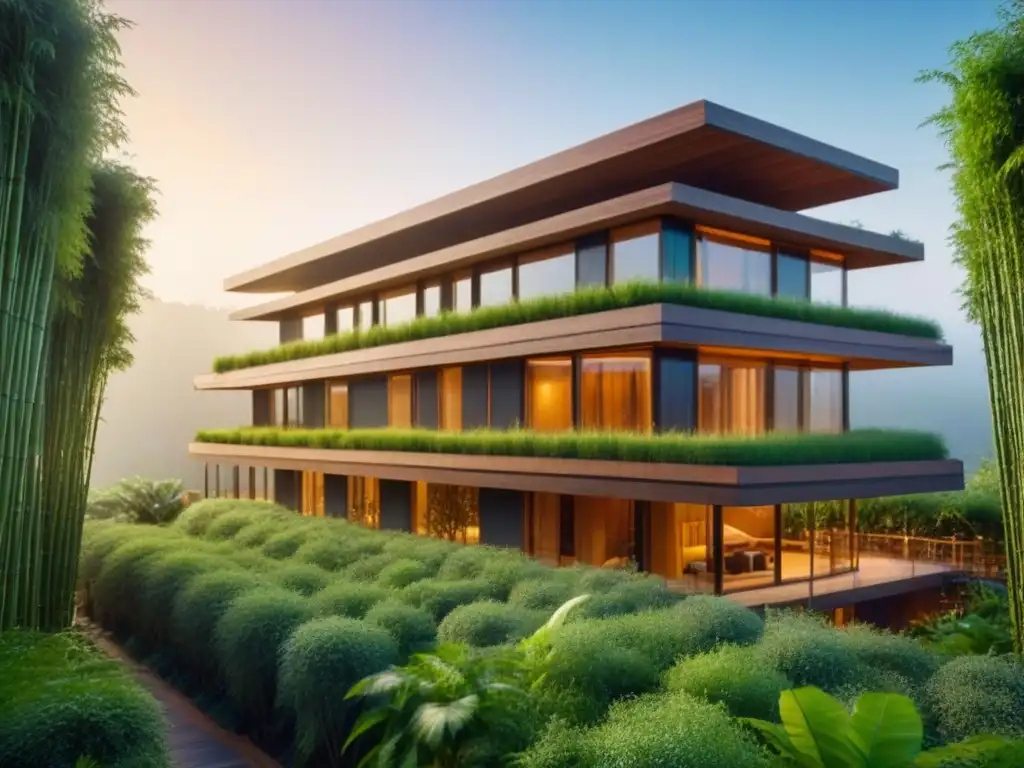 Edificio eco-sostenible: arquitectura moderna en armonía con la naturaleza Un edificio futurista sostenible de materiales naturales con diseño arquitectónico intrincado, paneles solares y jardín en la azotea al atardecer