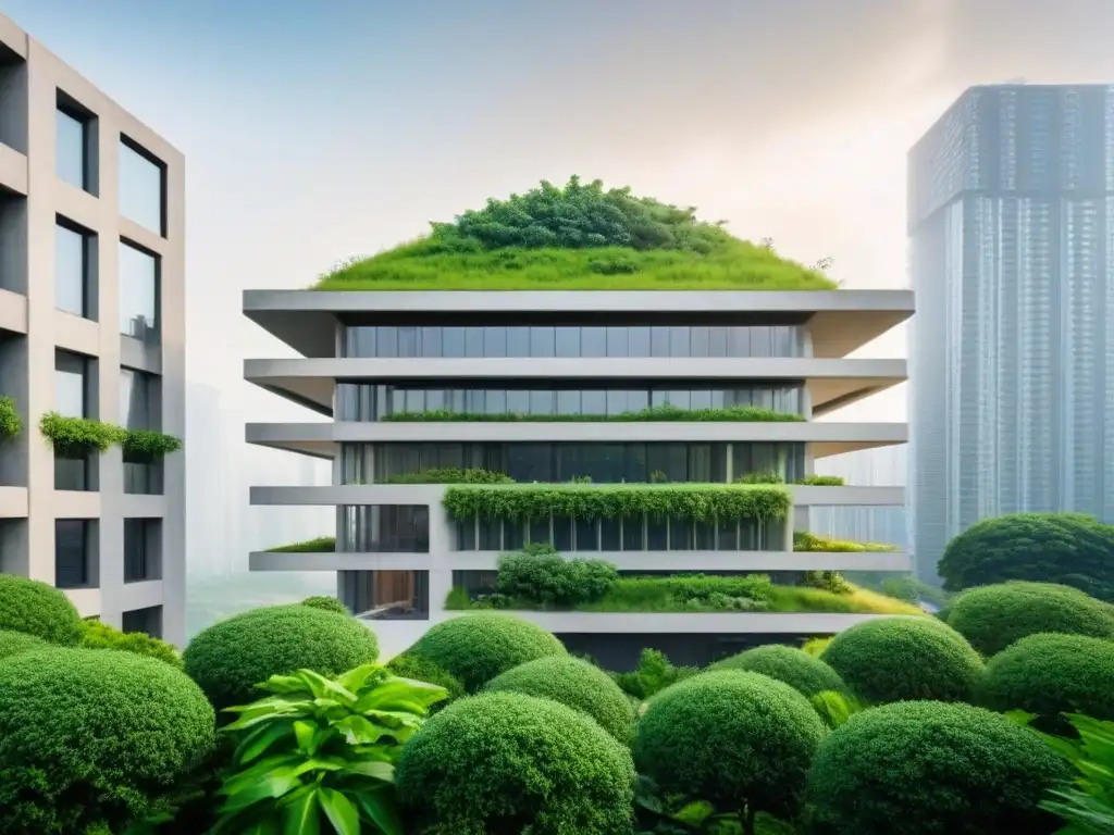 Edificio sostenible con nanotecnología en una ciudad futurista Edificio futurista sostenible con nanotecnología en construcción internacional, rodeado de vegetación exuberante