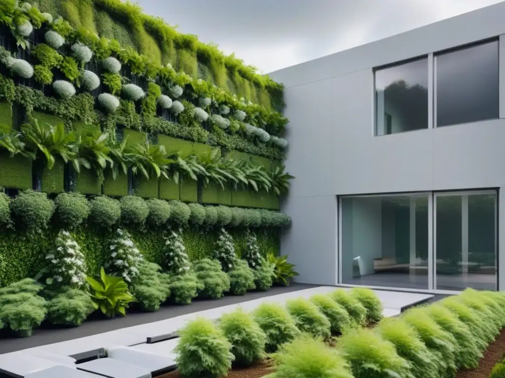 Edificio inteligente del futuro: diseño sostenible y tecnológico Edificio futurista sostenible con paneles solares integrados y paredes verdes, rodeado de vegetación