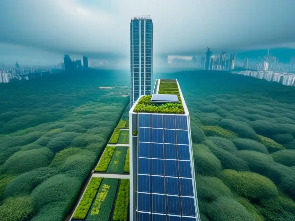 Rascacielos sostenible del futuro: innovación ecofriendly Edificio futurista sostenible con paneles solares y jardines verticales en armonía con la naturaleza