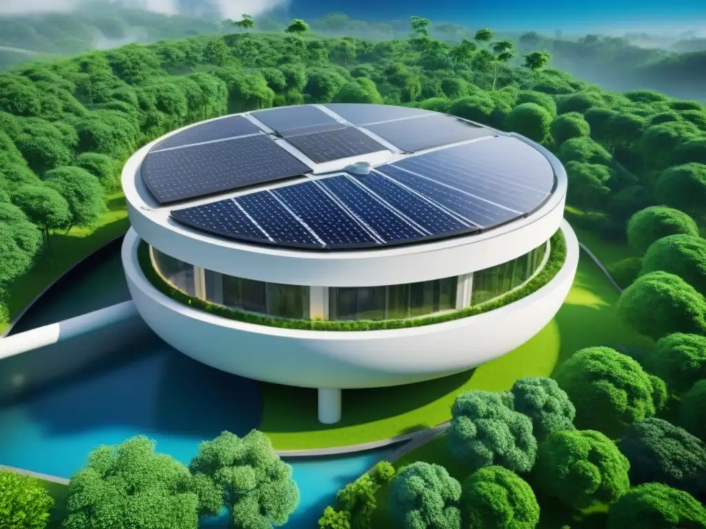 Edificio sostenible futurista: bioarquitectura en armonía Edificio futurista sostenible con paneles solares y turbinas eólicas, rodeado de vegetación
