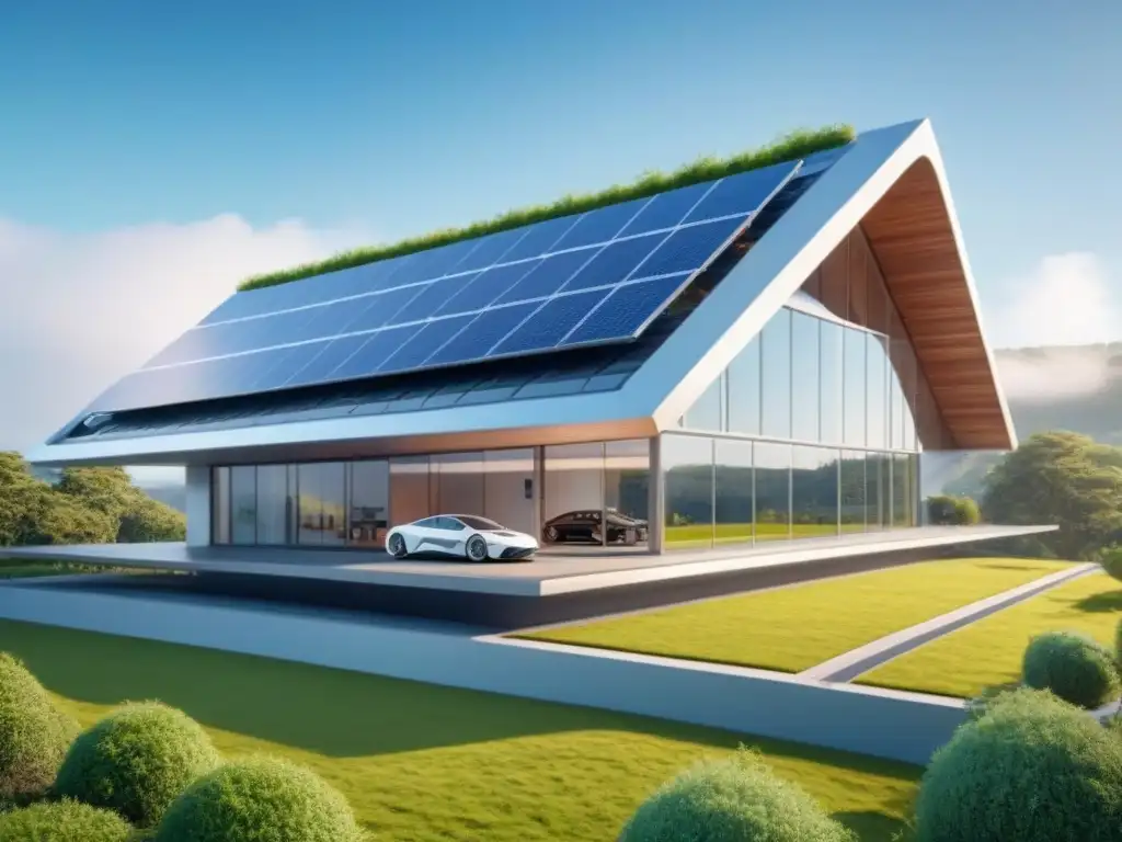 Edificio sostenible futurista: diseño eco-friendly en 8k Un edificio futurista sostenible con paneles solares integrados, rodeado de vegetación y cielos azules