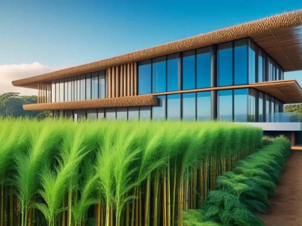 Edificio eco sostenible: armonía futurista con la naturaleza Un edificio futurista sostenible rodeado de naturaleza, destacando materiales eco como bambú y acero reciclado