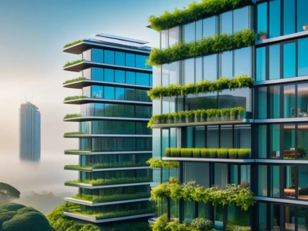 Edificio futurista sustentable con tecnología avanzada en 8k Un edificio futurista sostenible con tecnología PropTech y responsabilidad social inmobiliaria