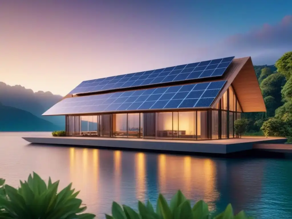 Edificio sustentable futurista con paneles solares y naturaleza exuberante Edificio futurista sustentable con paneles solares, certificaciones LEED y BREEAM, rodeado de naturaleza y un lago cristalino al atardecer
