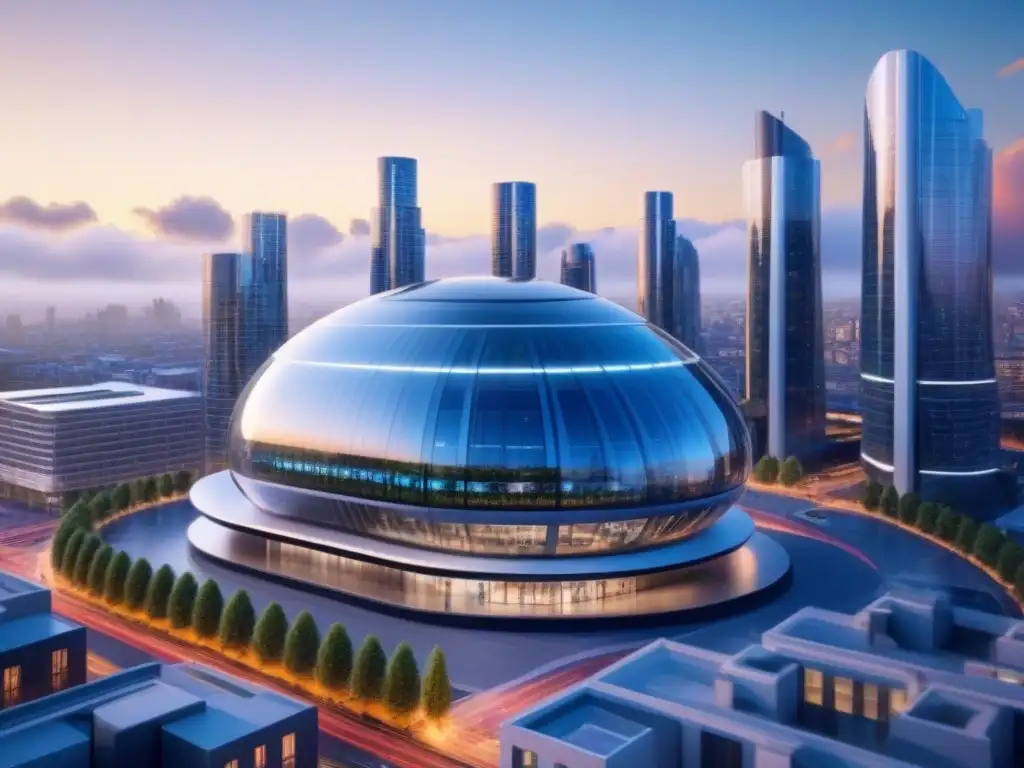 Edificio inteligente futurista en 8k con diseño innovador y tecnológico Un edificio futurista con tecnología en bienes raíces comerciales, rodeado de calles llenas de vida en la ciudad