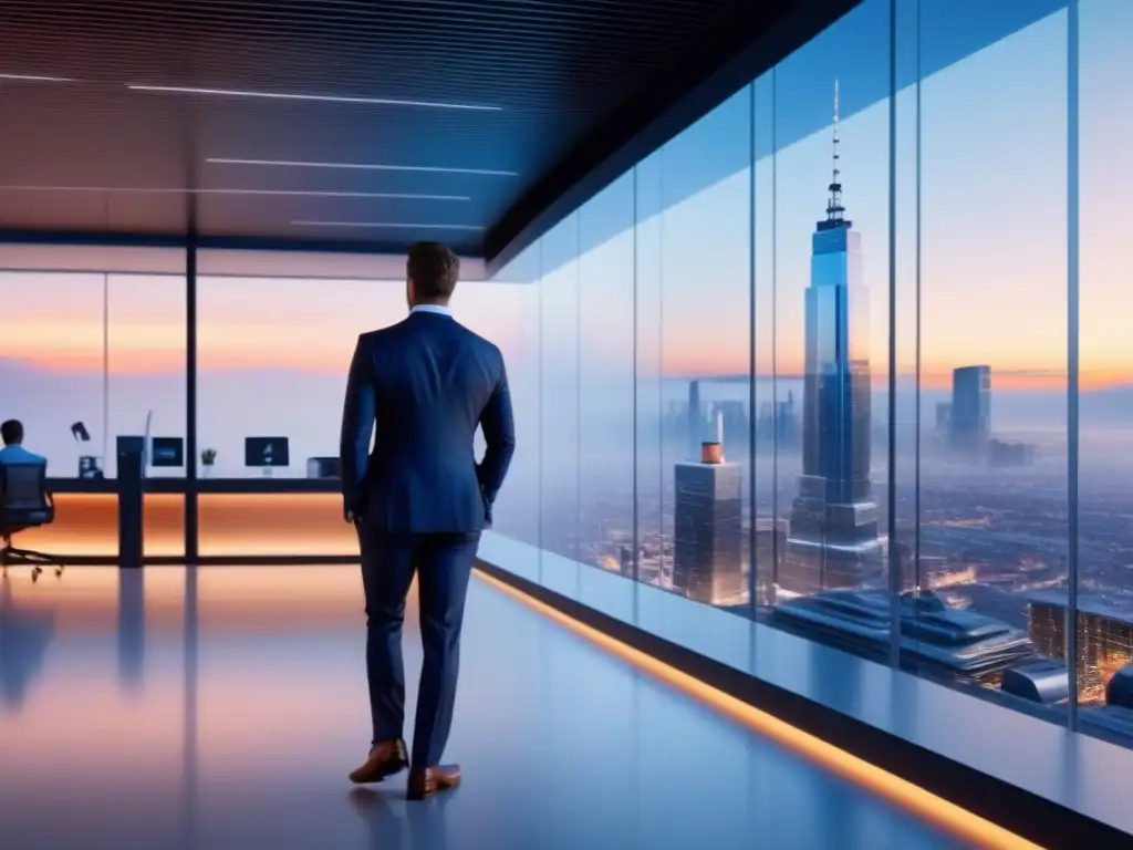 Edificio futurista con tecnología IoT avanzada en una ciudad vibrante Un edificio futurista con tecnología IoT y empleados interactuando, ideal para inversores inmobiliarios internacionales