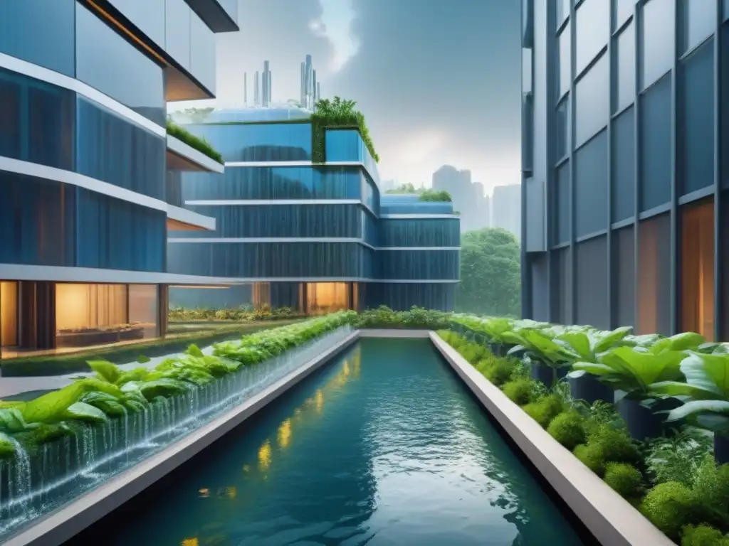 Un edificio futurista con tecnologías avanzadas de reciclaje de agua, combinando naturaleza y tecnología en un entorno urbano sostenible