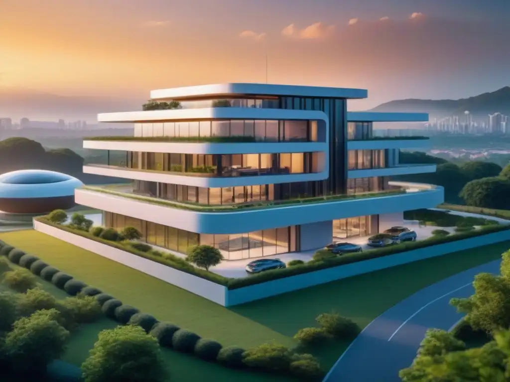 Edificio inteligente con tecnología de seguridad avanzada y paisaje verde Edificio futurista con tecnologías avanzadas de seguridad, rodeado de naturaleza