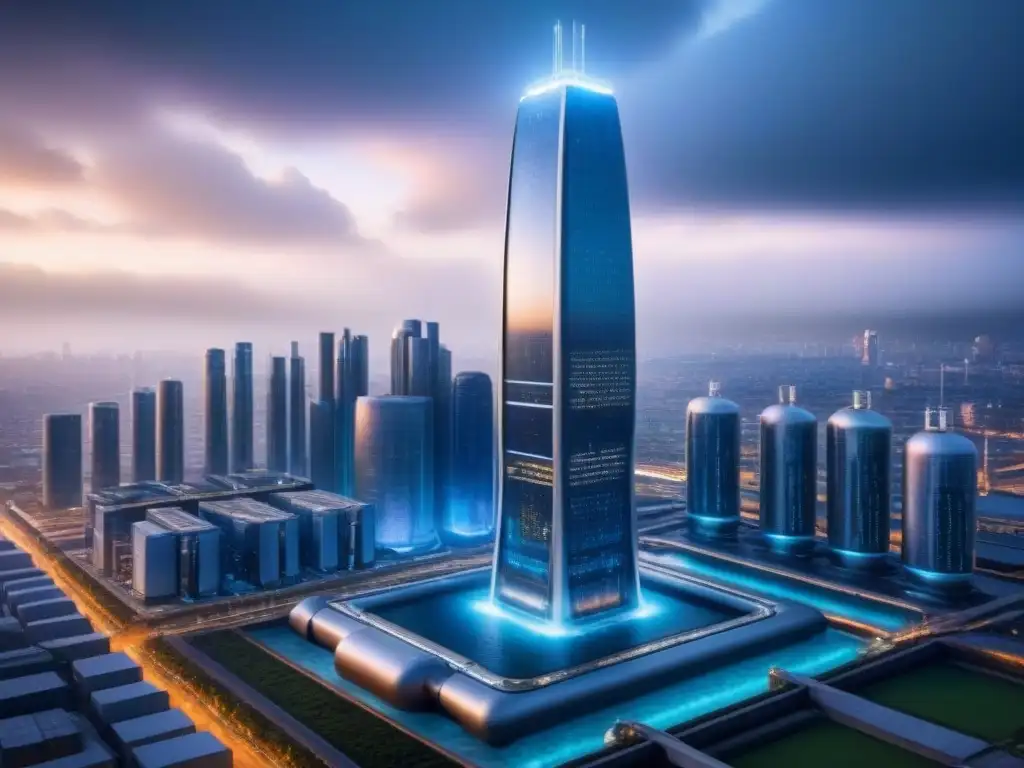 Edificio futurista con tecnologías de reciclaje de agua integradas en su diseño urbano hightech